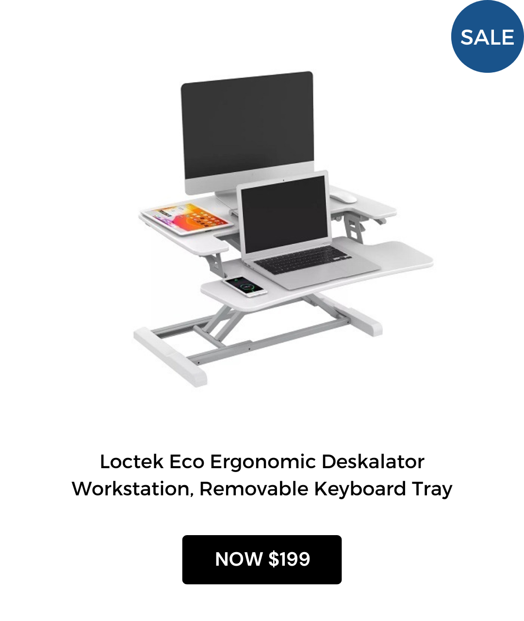 Loctek Eco Ergonomic Deskalator Workstation, Removable Keyboard Tray, 720x415mm, White